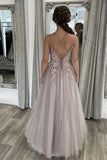 Elegant Backless Gray Lace Long Prom Dress with Thin Straps, Open Back Gray Formal Dress, Gray Lace Evening Dress Rjerdress