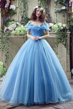 Elegant Ball Gown Off the Shoulder Quinceanera Dress Blue Long Lace up Sweetheart Tulle Prom Dresses RJS257