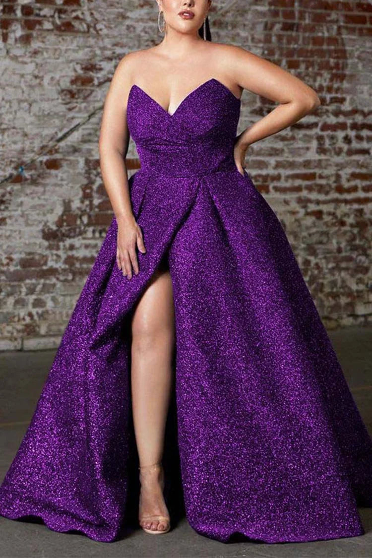 Elegant Ball Gown Plus Size Sequins Strapless Slit Prom Dress