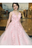 Elegant Ball Gown Prom Dresses With Appliques V Neck Floor Length Rjerdress