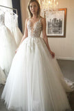 Elegant Ball Gown Round Neck Ivory Open Back Wedding Dress with Appliques Bride Dresses RJS449