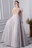 Elegant Beads Tulle Short Sleeve Prom Dresses Pink Long Cheap Evening Dresses P1090 Rjerdress