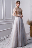 Elegant Beads Tulle Short Sleeve Prom Dresses Pink Long Cheap Evening Dresses P1090 Rjerdress
