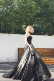 Elegant Black A-line Sweetheart Strapless Tulle Lace Appliques Lace up Prom Dresses RJS29 Rjerdress