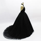 Elegant Black Ball Gown Sexy Backless Sleeveless V-Neck Tulle Long Prom Dresses RJS993 Rjerdress