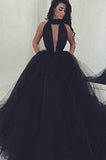 Elegant Black Ball Gown Sexy Backless Sleeveless V-Neck Tulle Long Prom Dresses RJS993