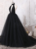 Elegant Black Ball Gown Sexy Backless Sleeveless V-Neck Tulle Long Prom Dresses RJS993 Rjerdress