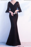 Elegant Black Lace Popular V-Neck Half Sleeve Sexy Mermaid Lace up Prom Dresses RJS246