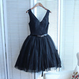 Elegant Black Sleeveless Homecoming Dresses Short Lace V Neck Dresses RJS430 Rjerdress