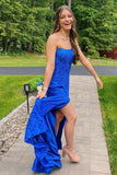 Elegant Blue Lace Strapless Sweetheart Mermaid Long Prom Dresses Rjerdress