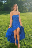 Elegant Blue Lace Strapless Sweetheart Mermaid Long Prom Dresses