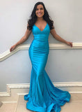 Elegant Blue Mermaid Backless Satin Spaghetti Straps Prom Dresses  Sexy Formal Gown Rjerdress