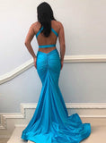 Elegant Blue Mermaid Backless Satin Spaghetti Straps Prom Dresses  Sexy Formal Gown Rjerdress
