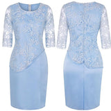Elegant Blue Plus Size Scoop Half Sleeve Lace Spandex Layered Knee Length Mother Of The Bride Dress Rjerdress