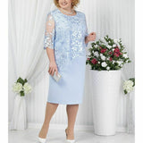 Elegant Blue Plus Size Scoop Half Sleeve Lace Spandex Layered Knee Length Mother Of The Bride Dress