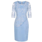 Elegant Blue Plus Size Scoop Half Sleeve Lace Spandex Layered Knee Length Mother Of The Bride Dress Rjerdress