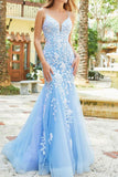 Elegant Blue Spaghetti Straps Tulle Mermaid Prom Dress With Appliques