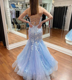 Elegant Blue Spaghetti Straps Tulle Mermaid Prom Dress With Appliques Rjerdress