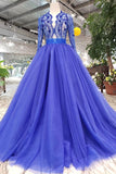 Elegant Blue Tulle Deep V Neck Long Sleeve Beads Ball Gown Party Dresses with Lace up RJS786