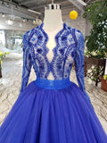 Elegant Blue Tulle Deep V Neck Long Sleeve Beads Ball Gown Party Dresses with Lace up RJS786 Rjerdress