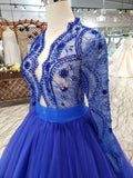 Elegant Blue Tulle Deep V Neck Long Sleeve Beads Ball Gown Party Dresses with Lace up RJS786 Rjerdress