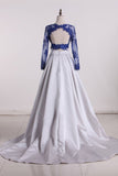 Elegant Blue Two Piece A-line Scoop Long Sleeve Elastic Satin Floor-Length Prom Dresses UK RJS327 Rjerdress