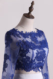 Elegant Blue Two Piece A-line Scoop Long Sleeve Elastic Satin Floor-Length Prom Dresses UK RJS327 Rjerdress