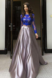 Elegant Blue Two Piece A-line Scoop Long Sleeve Elastic Satin Floor-Length Prom Dresses UK RJS327