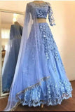 Elegant Blue Two Pieces Lace Appliques Scoop 3/4 Sleeve Long Cheap Prom Dresses Rjerdress