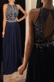 Elegant Chiffon Prom Dresses Navy Blue Long Evening Gowns with Beading Prom Gown RJS128