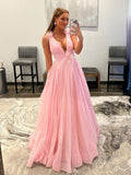 Elegant Deep V Neck Organza Pink Princess Prom Dresses Evening Dresses RJS401