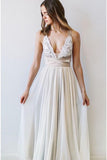 Elegant Fashion A Line V Neck Open Back Chiffon Ivory Lace Long Wedding Dresses Rjerdress