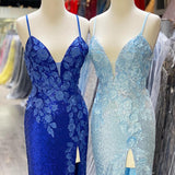Elegant Foral Applique Prom Dresses Sequin Mermaid Backless Evening Dresses Rjerdress