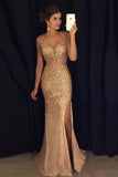 Elegant Gold Mermaid V-Neck Beads Side slit Tulle Long Evening Prom Dresses UK Rrjs492