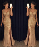 Elegant Gold Mermaid V-Neck Beads Side slit Tulle Long Evening Prom Dresses UK Rrjs492 Rjerdress