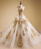 Elegant Gold Neck Tulle Strapless Sweetheart Lace Ball Gown Prom Dress Quinceanera Dress RJS447 Rjerdress