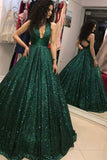 Elegant Green Deep V Neck Criss Cross Prom Dresses Long Sequin Evening Dresses RJS572