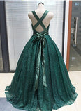 Elegant Green Deep V Neck Criss Cross Prom Dresses Long Sequin Evening Dresses RJS572 Rjerdress