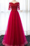 Elegant Half Sleeve Tulle Appliques Sweetheart Red A-Line Floor-Length Prom Dresses RJS223 Rjerdress