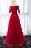Elegant Half Sleeve Tulle Appliques Sweetheart Red A-Line Floor-Length Prom Dresses RJS223
