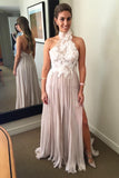 Elegant Halter Backless A-Line Chiffon Pink Appliques Bodice Split Sleeveless Prom Dresses RJS261
