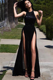 Elegant Hater Sexy High Side Slit Black Chiffon Sequins Long Prom Dresses RJS900