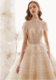 Elegant High Neck Ball Gown Wedding Dresses Short Sleeve Quinceanera Dresses RJS773 Rjerdress