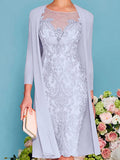 Elegant Illusion Neck Knee Length 3/4 Sleeve Sheath / Column Mother of the Bride Dress with Embroidery Rjerdress