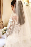 Elegant Illusion Neck Long Sleeves Tulle Wedding Dress with Appliques Bride Dress Rjerdress