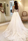 Elegant Illusion Neck Long Sleeves Tulle Wedding Dress with Appliques Bride Dress Rjerdress