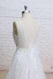 Elegant Ivory A Line Plunging Neckline Lace Appliqued Flowers Tulle Wedding Dresses RJS649 Rjerdress