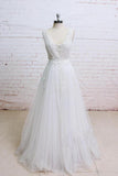 Elegant Ivory A Line Plunging Neckline Lace Appliqued Flowers Tulle Wedding Dresses RJS649