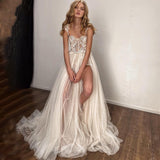 Elegant Ivory A-Line Sweetheart Floor-Length Tulle Long Sleeveless Wedding Dress RJS414