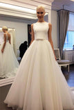 Elegant Ivory Bateau Backless Sleeveless A-line Tulle Wedding Dress with Belt,N342 Rjerdress